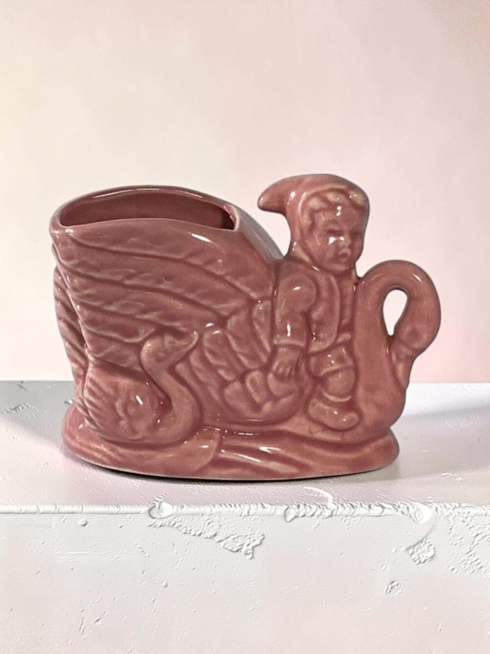 Elf Pixie Riding A Swan with Baby Swan behind Pink Vtg Planter